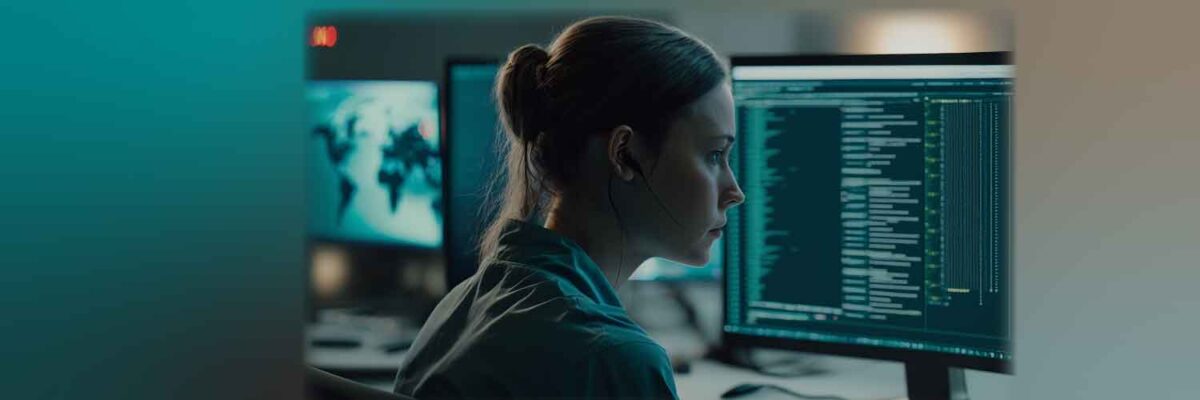 a woman sitting in front of a computer screen. manage services without having a single pane of glass this is an attempt to illustrate how agility networks can work anywhere on anything to manage client networks.